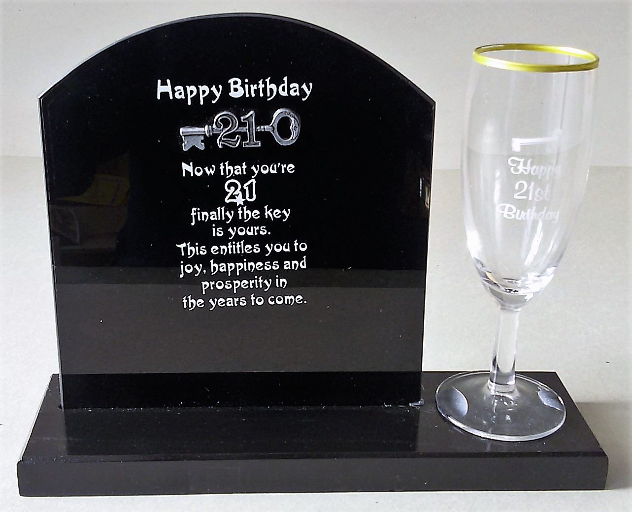 21st TROPHY, PLAQUES & GIFTS : 21st Glass plaque and champ